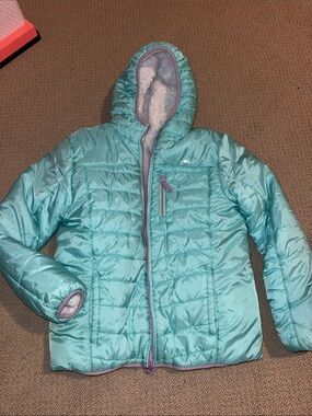 Eddie Bauer reversible Girls' Teal Hooded puffer jacket kids coat size L 14/16